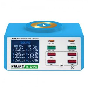 Relife RL-309AW 8-Ports Smart Digital Display QC3.0 PD Fast Charger Station with Wireless Charging