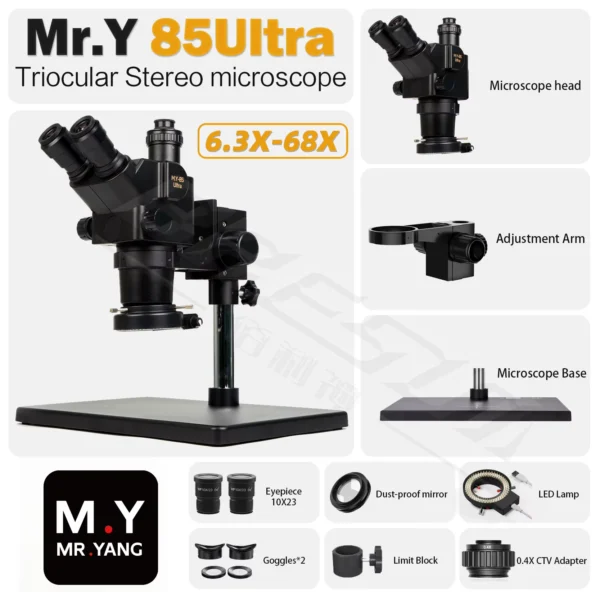 YCS Mr.Yang 85 Ultra trinocular stereo microscope kit with LED lamp and 0.4X CTV adapter for mobile motherboard repair.