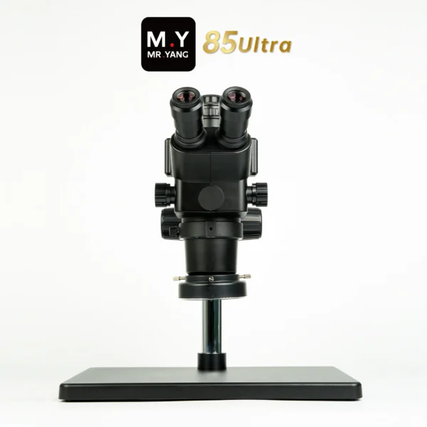 YCS Mr.Yang 85 Ultra trinocular stereo microscope kit with LED lamp and 0.4X CTV adapter for mobile motherboard repair front view.