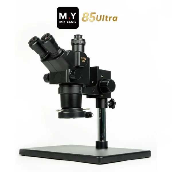 YCS Mr.Yang 85 Ultra trinocular stereo microscope kit with LED lamp and 0.4X CTV adapter for mobile motherboard repair side view.