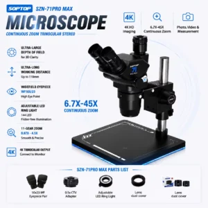SOPTOP Microscope 71Pro Max 6.7-45x Continuous Zoom, Anti-Dizziness, True Trinocular Vision, Electronic Repair and Testing